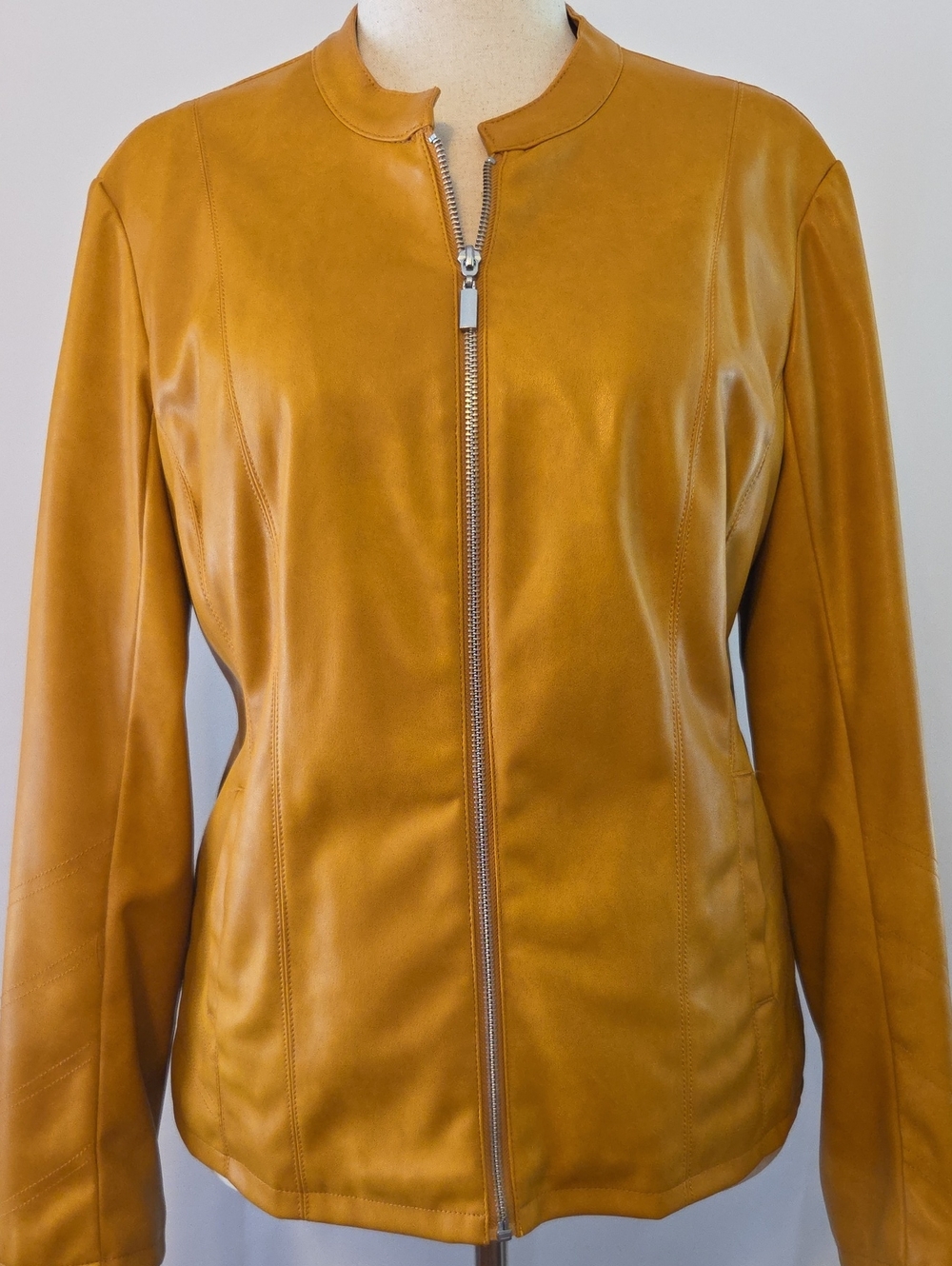 Alfani Women's Mustard Faux  Leather Zip-Front Jacket With Pockets Size L EUC